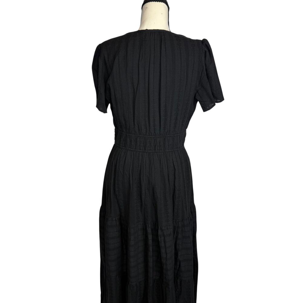 Black Midi Dress Size M Puff Sleeve Elastic Waist Casual Minimalist - Picture 6 of 7